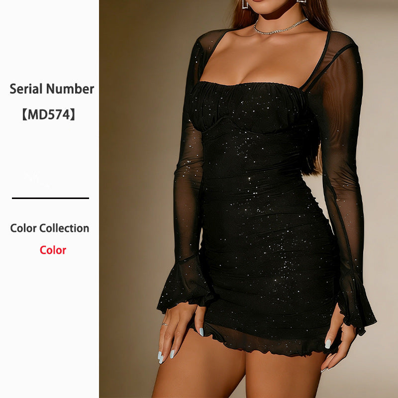 Women's Sexy Sequined Square Collar Backless Mesh Long Sleeve Dress