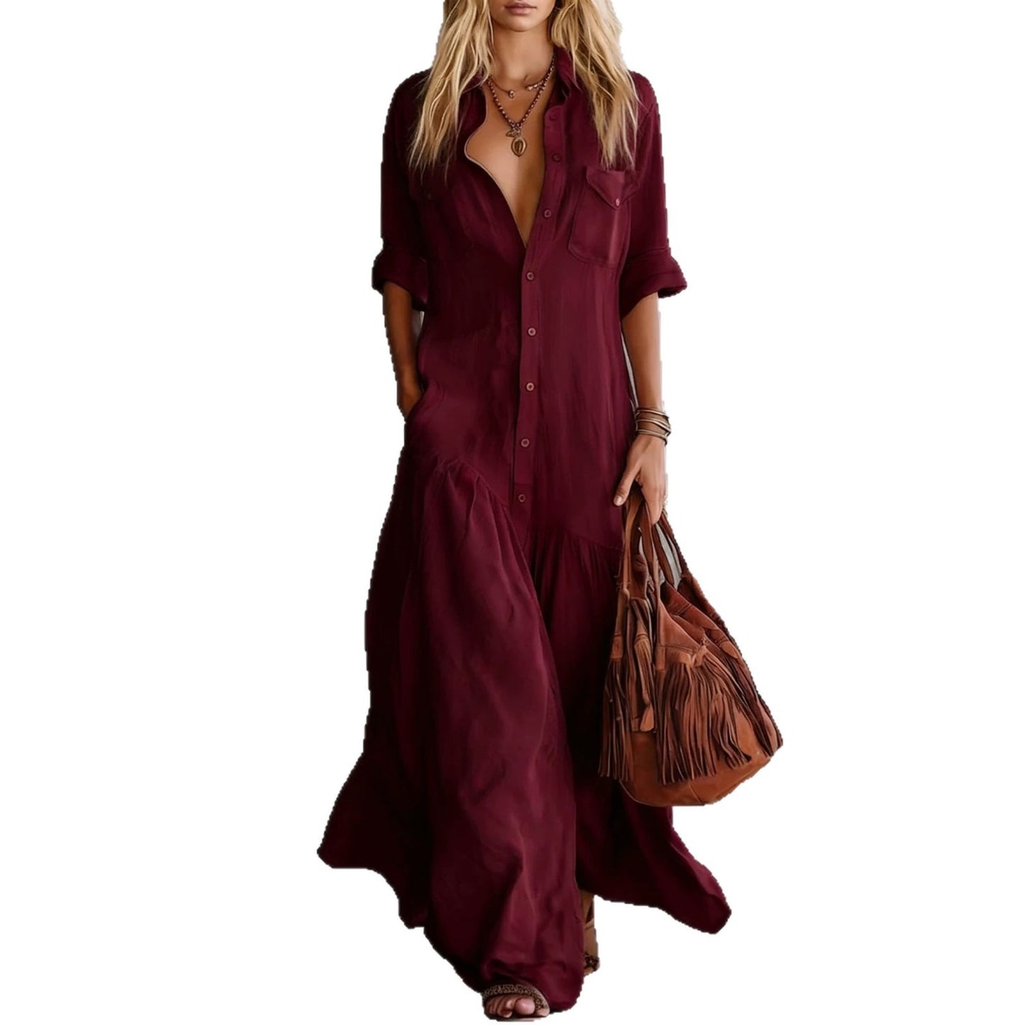 Classy Women's Summer Button Stitching Shirtdress Clothing