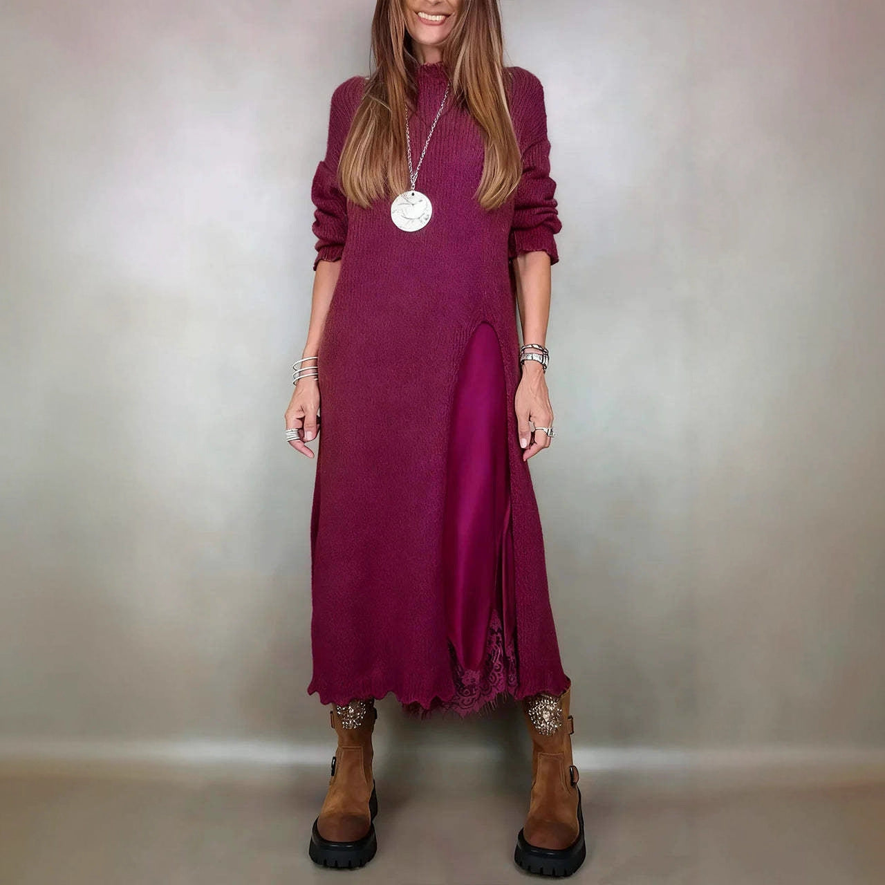 Autumn Lace Sling Slit Woolen Two-piece Skirts