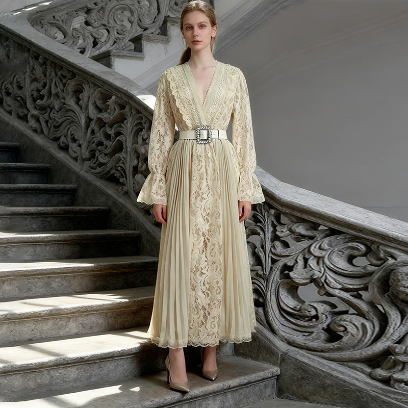 Women's Vintage Court Style Hollow Out Lace Long Dress Dresses