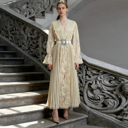 Women's Vintage Court Style Hollow Out Lace Long Dress Dresses