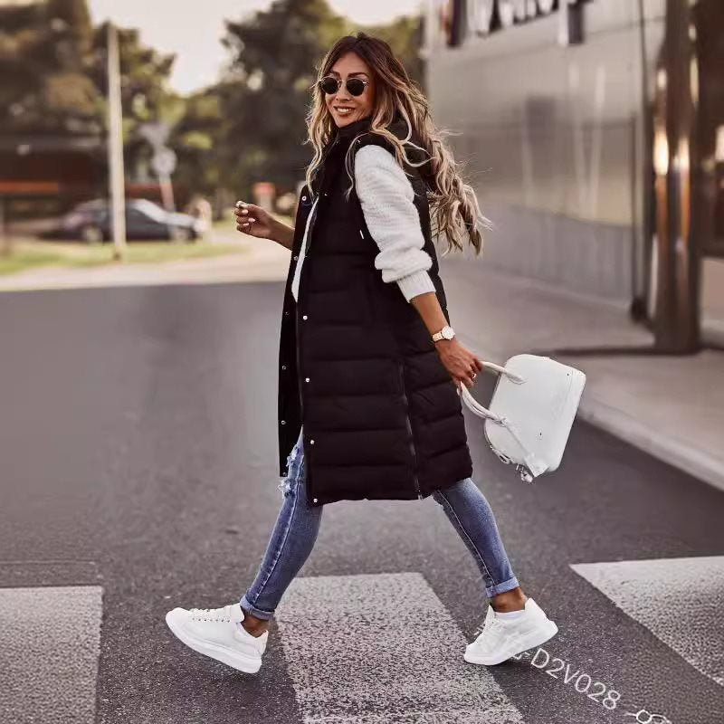 Hooded Single-breasted Mid-length Cotton Slim Fit Vests