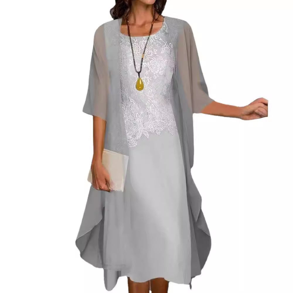 Lace Chiffon Solid Color Dress Two-piece Fashion Casual Suit