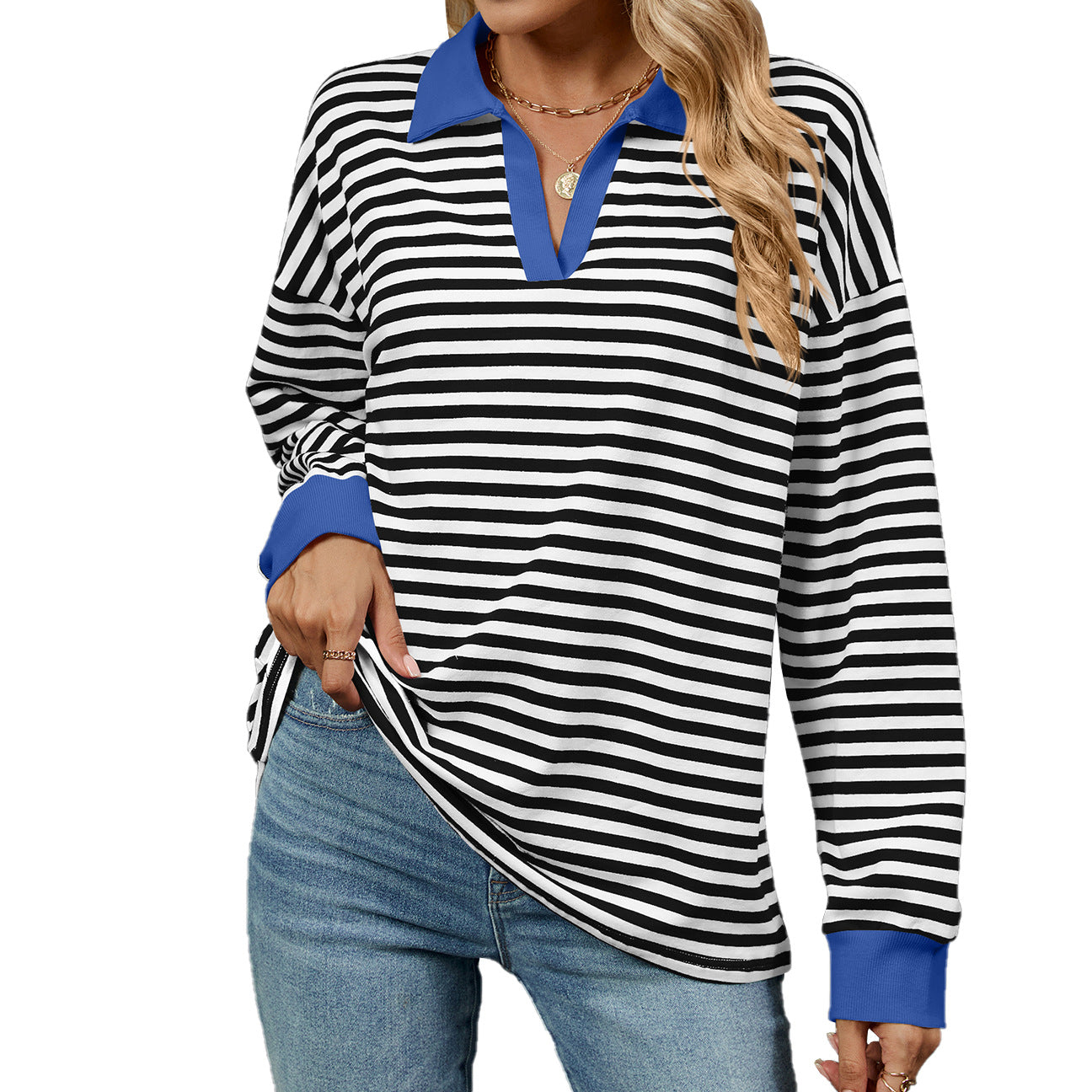 Women's Color Lapels Loose Long Sleeve Striped Women's Sweater, Sweater