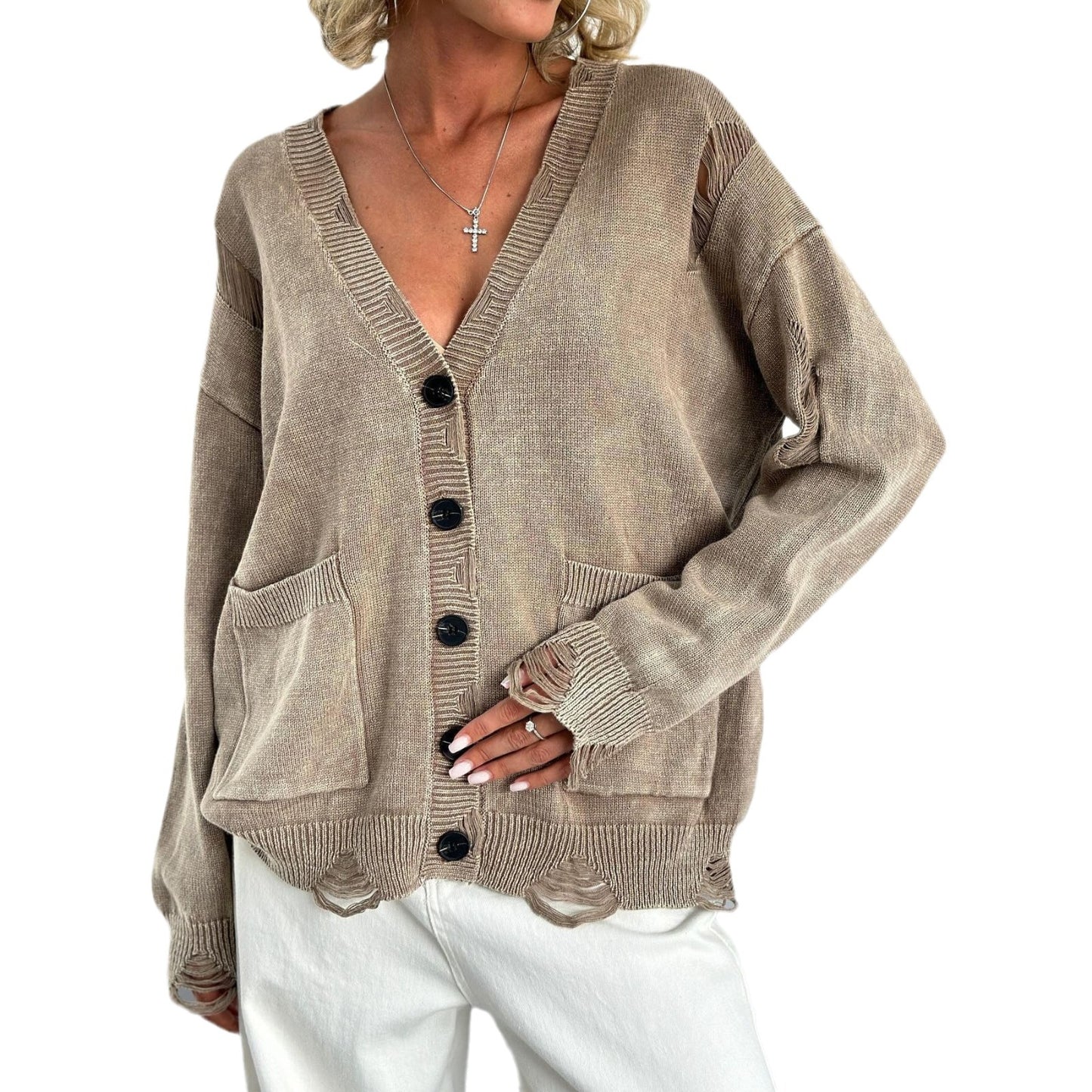 Women's American Knitted With Washed Broken Woolen Sweaters