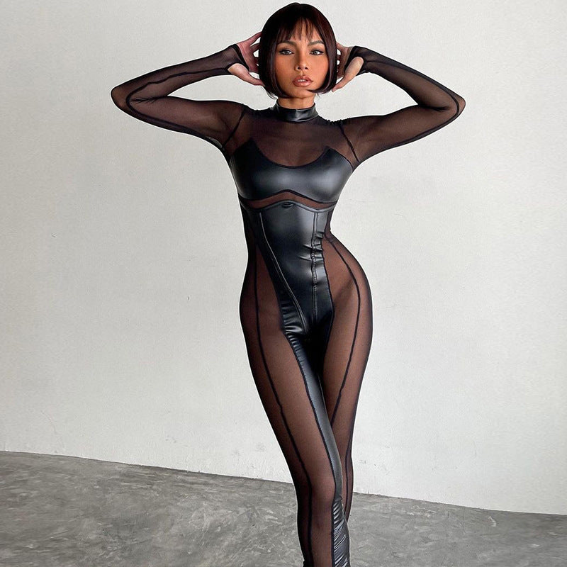 Women's Autumn Fashion Stitching Mesh Round Neck Jumpsuits