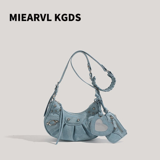 Women's Motorcycle Underarm Leather Folds Selenodont Rivet Shoulder Bags
