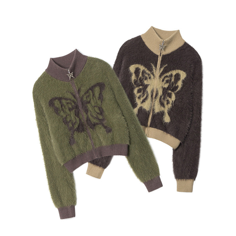 Mohair Stand Collar Butterfly Embroidery Zipper Sweaters