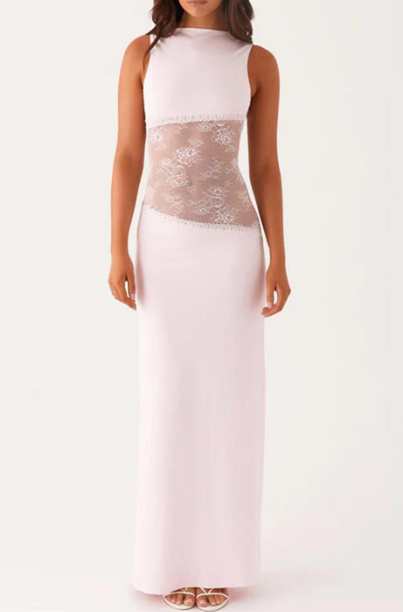 Lace Satin Stitched Backless Long Slimming Jumpsuits