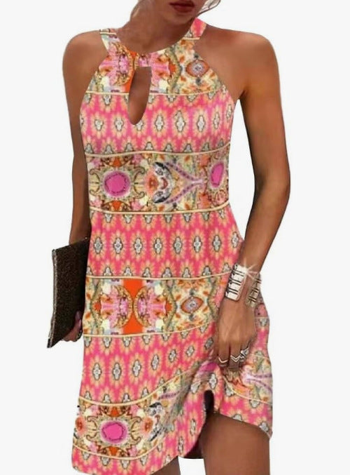 Women's Fashion Casual Printing Sleeveless Halter Hollow Dress