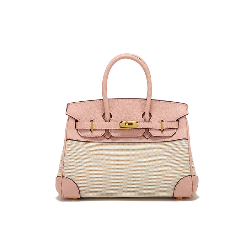 Women's Lychee Pattern Cowhide Canvas Patchwork Contrast Color Handbags