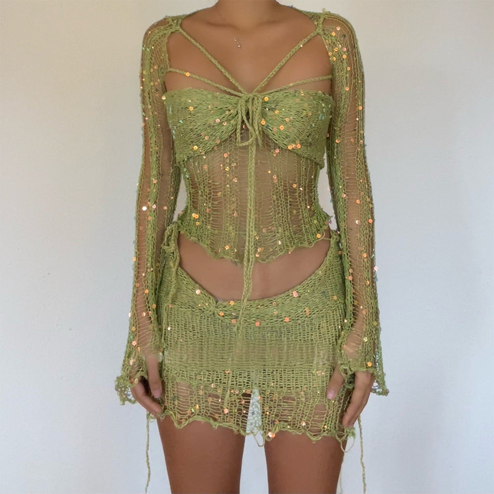 Comfortable Creative Women's Sequin Knitted Three-piece Fashion Casual Suit