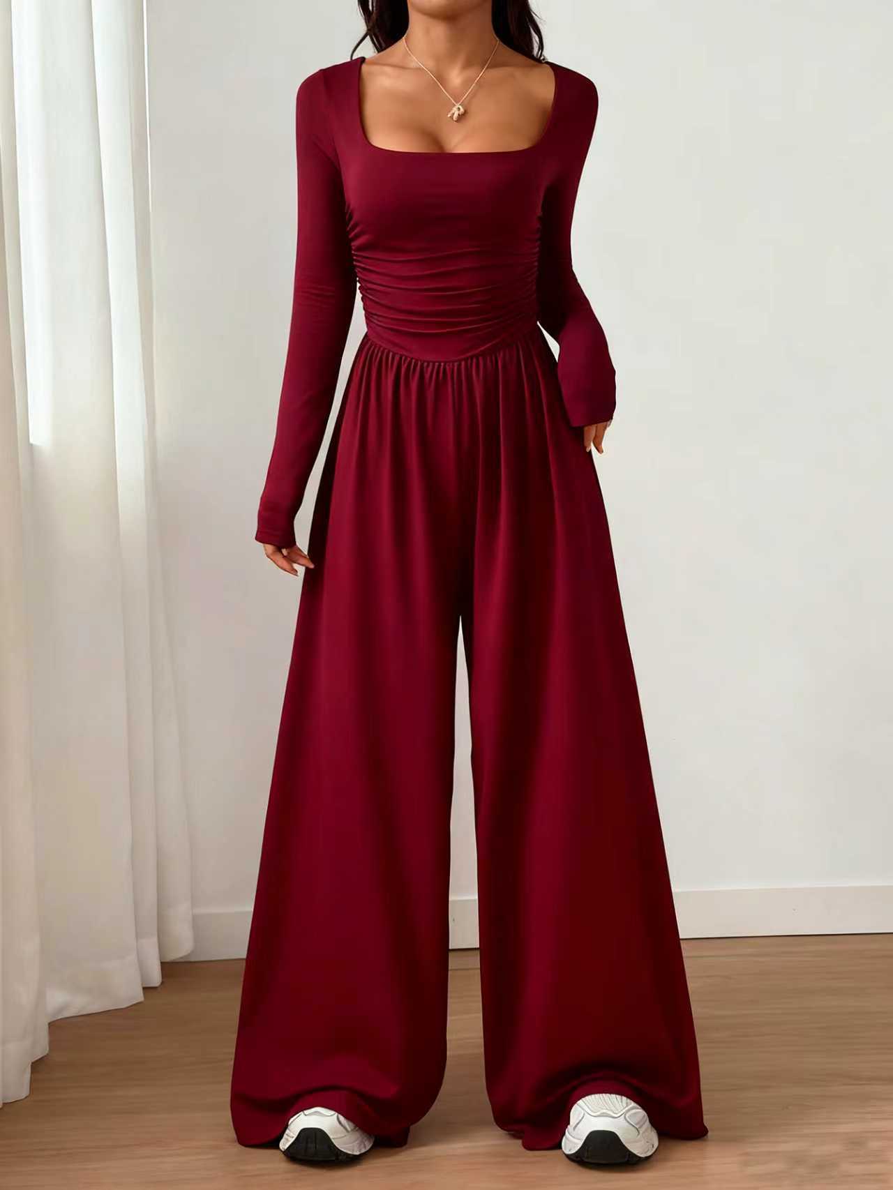 Women's Square Collar Long Sleeve Tight Waist Pants