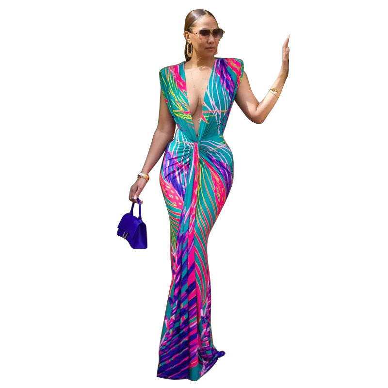 Women's Wear Sleeveless Printed Sexy Deep V Dresses