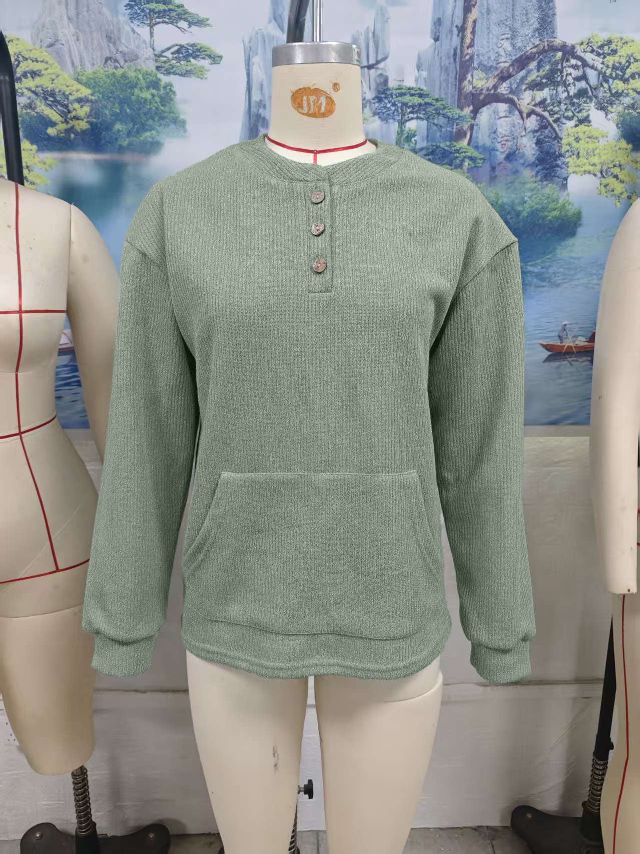 Women's Color Round Neck Button Loose Long Sleeve Pocket Women's Sweater, Sweater