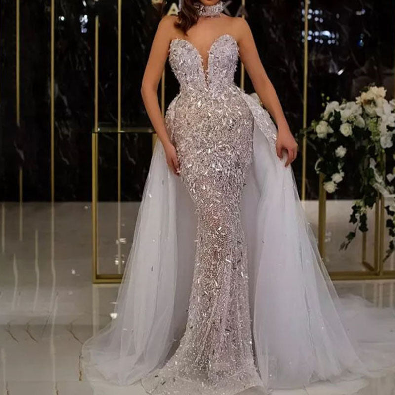 Women's Summer Dress Sequined Fishtail Sleeveless Long Wedding Dresses