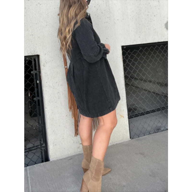 Washed Shirt Denim Lantern Sleeve Loose Dresses