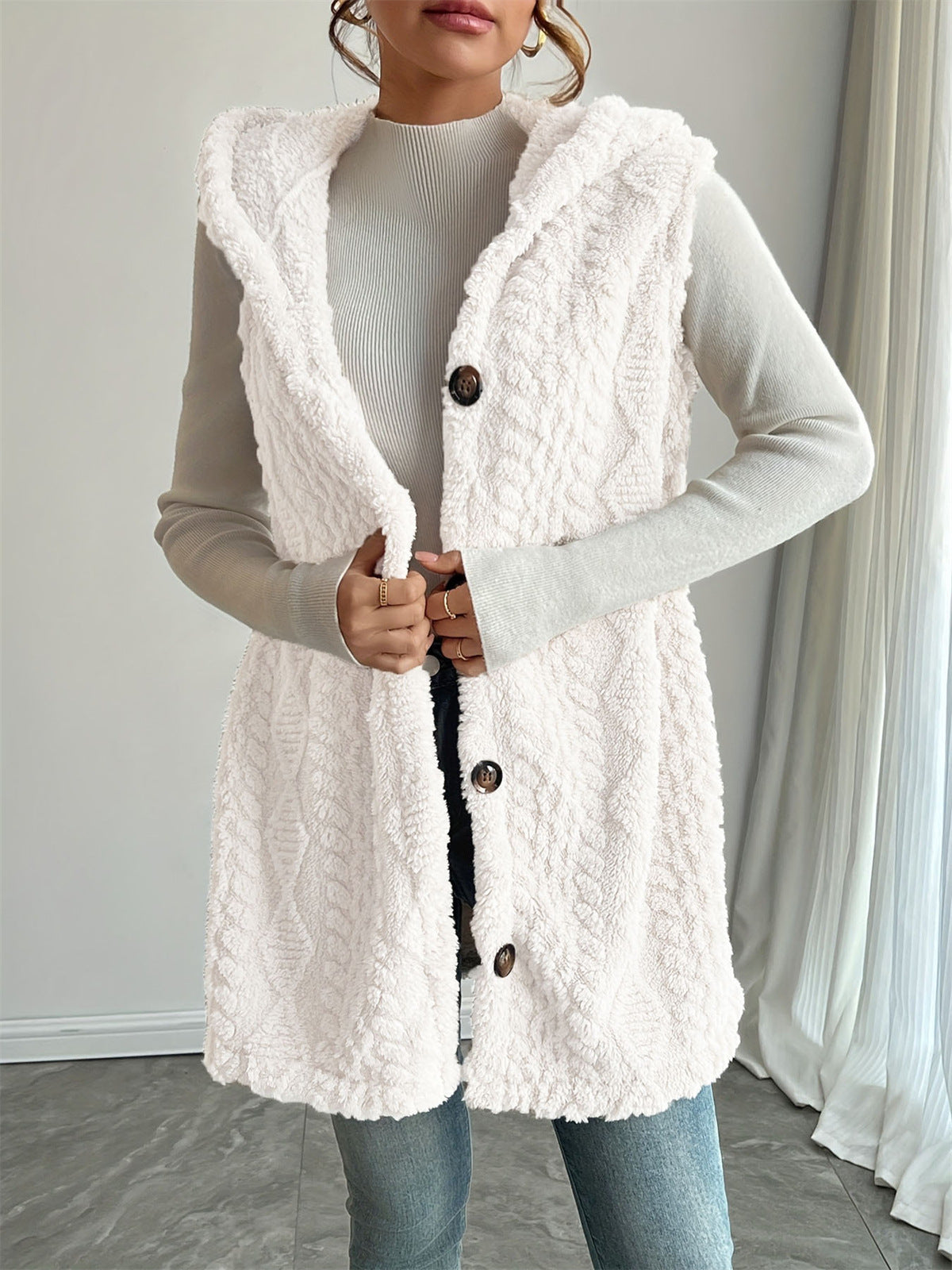 Solid Color Double-sided Plush Hooded Button Women's Vest