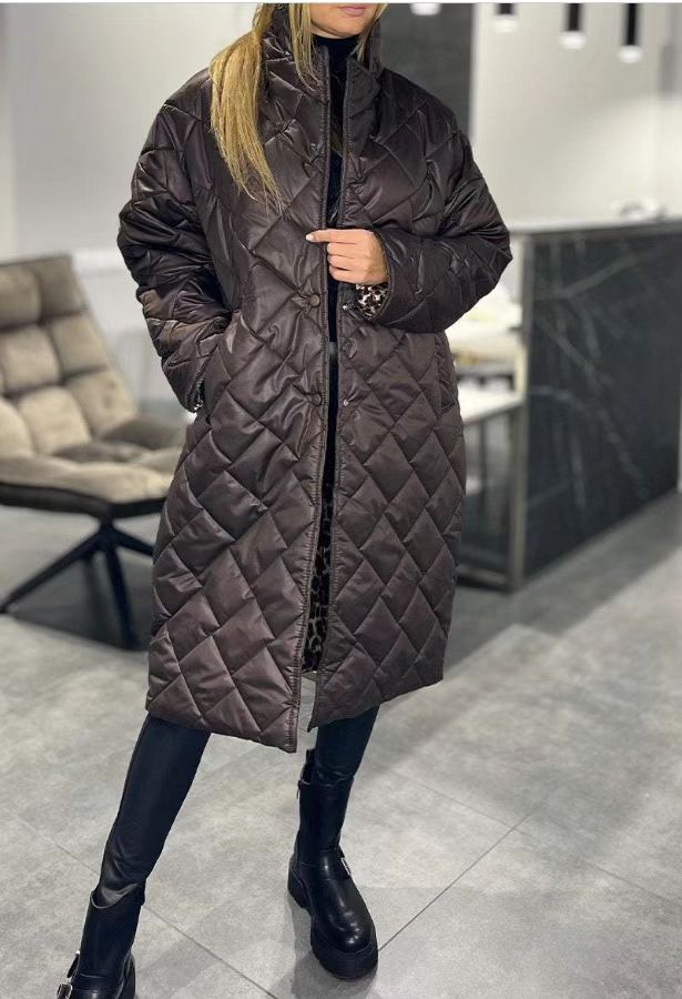 Glossy Veet Long Below The Knee Rhombus Cotton Coats