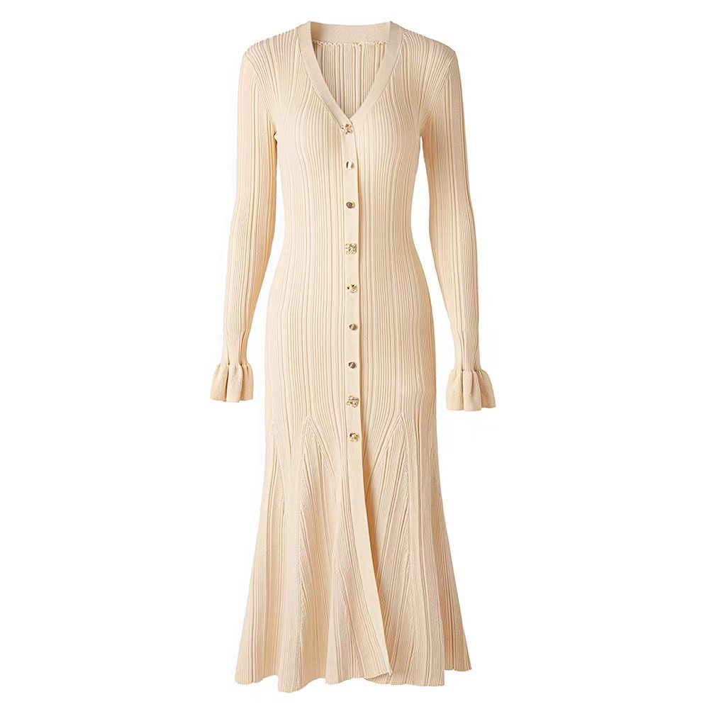 Thin Glittering Line V Single-breasted Flared Dresses