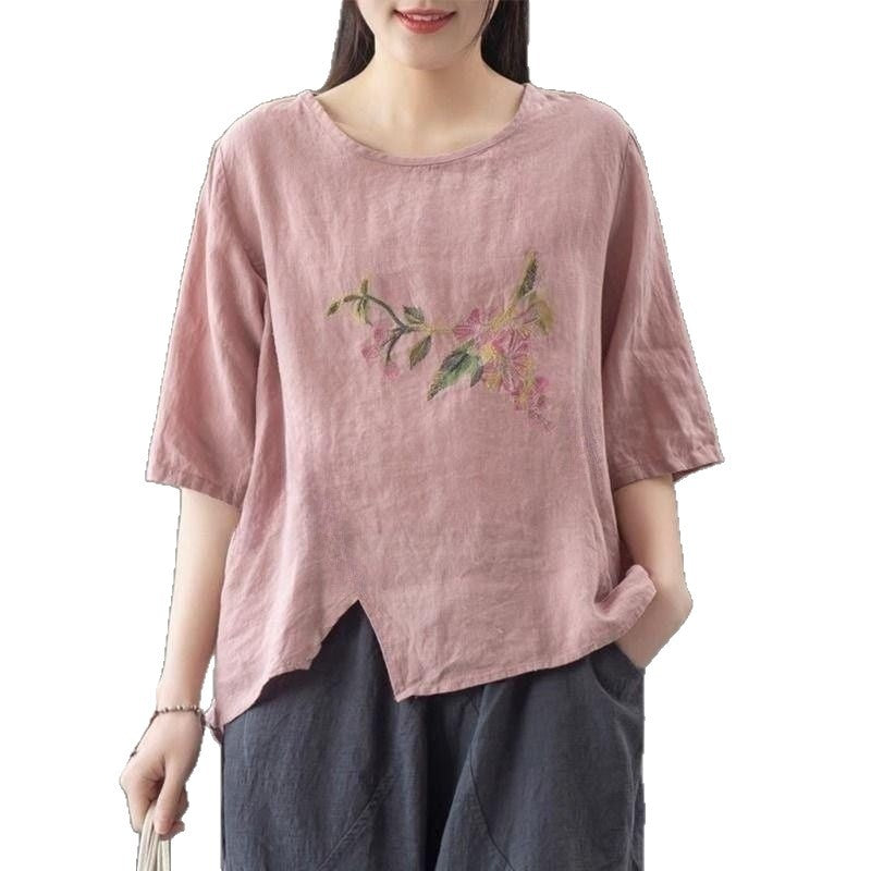 Women's Cotton Linen Summer Thin Embroidered Large Loose Artistic Retro Chinese Women's T-shirt