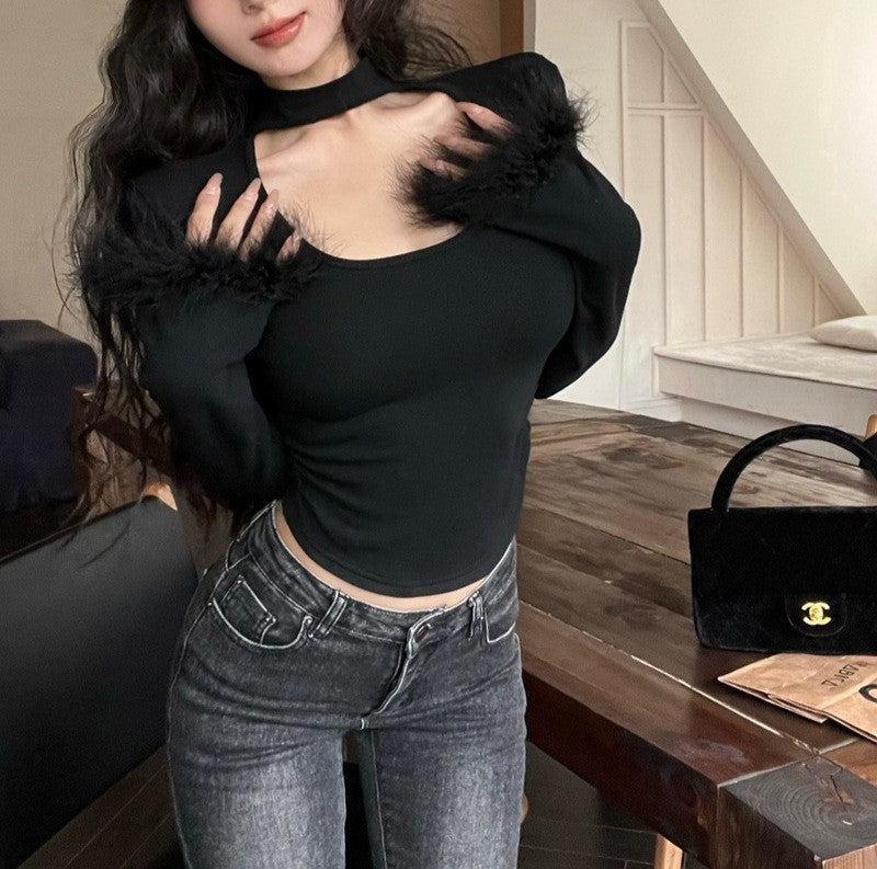 Winter Pure Sexy Hot Style Plush Stitching Collar T-shirt Blouses