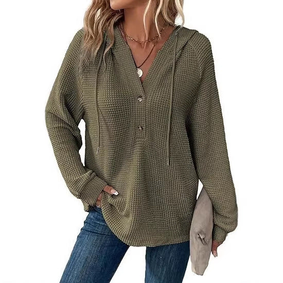 Women's Casual Waffle Knitted Drawstring Collar Decorated With Buttons Long Sleeve Women's Sweater, Sweater