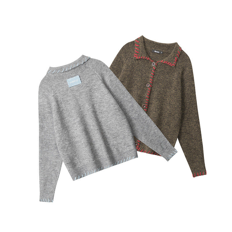 Women's Lapel American Style Loose Casual Contrast Sweaters