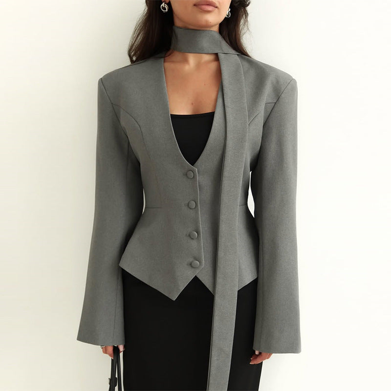 Women's Solid Color Scarf With Long Sleeves Blazers
