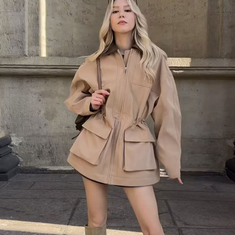 Women's Tooling Style Stitching Collar Large Pocket Long Sleeve Loose Coats
