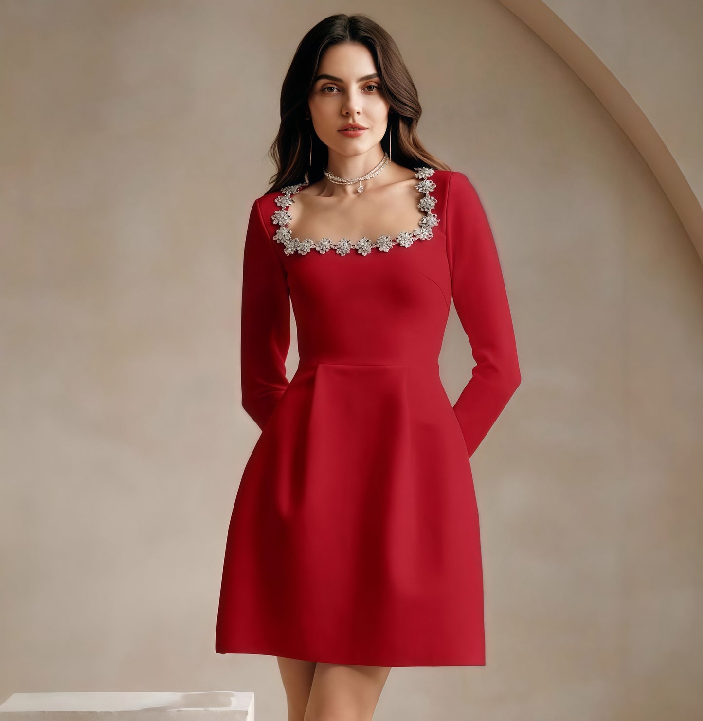Women's Long Sleeve French Square Collar Rhinestone Dresses
