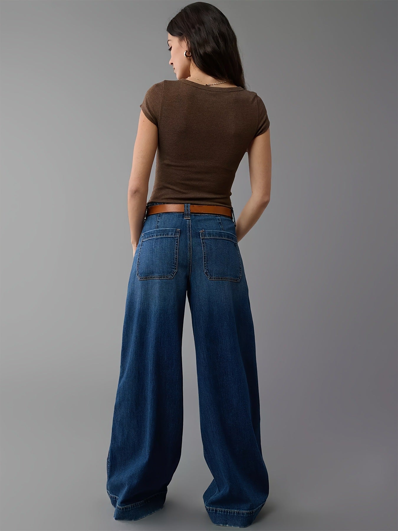 Women's Outer Pocket Straight Wide Leg Denim Jeans