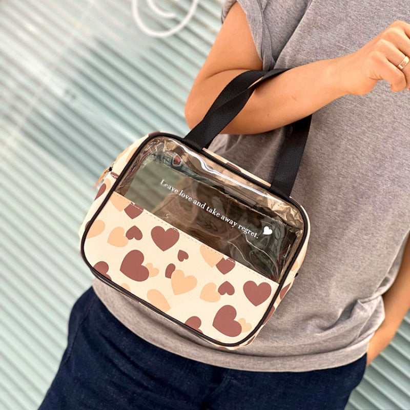 Zipper Translucent Love Peach Heart Flocking Large Capacity Portable Handbags