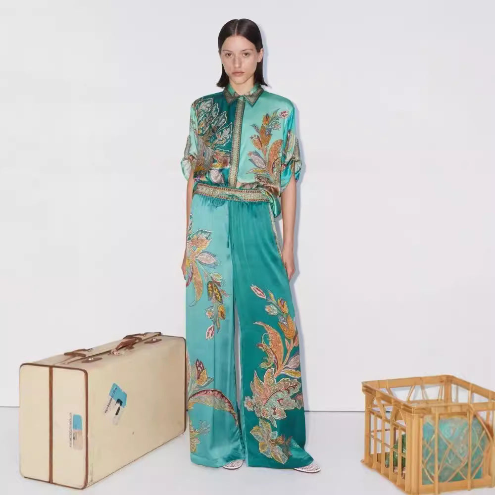 Vintage Printed Satin Sleeve Lapel Shirt Fashion Casual Suit