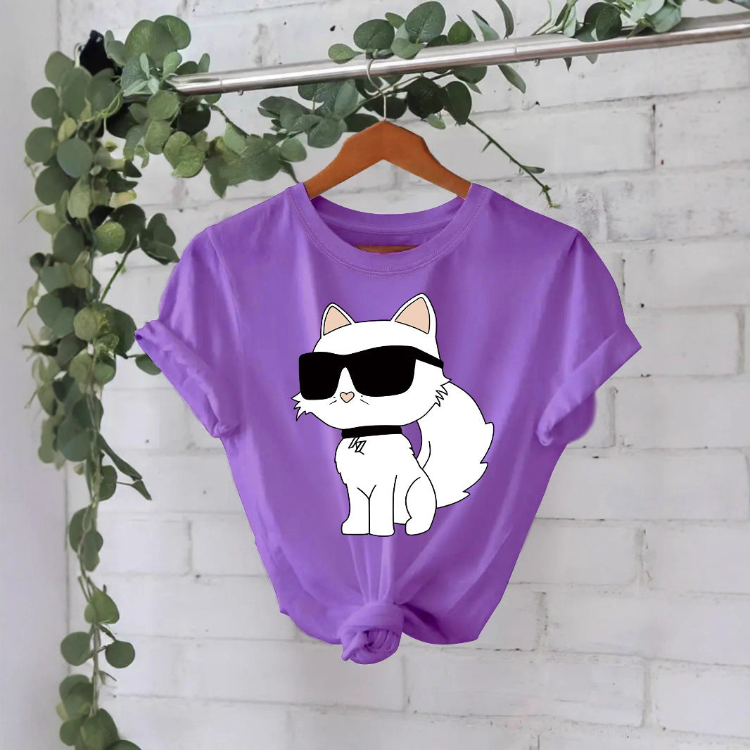 Casual Sleeve Female White Sunglasses Cat Summer Round Neck Women's T-shirt
