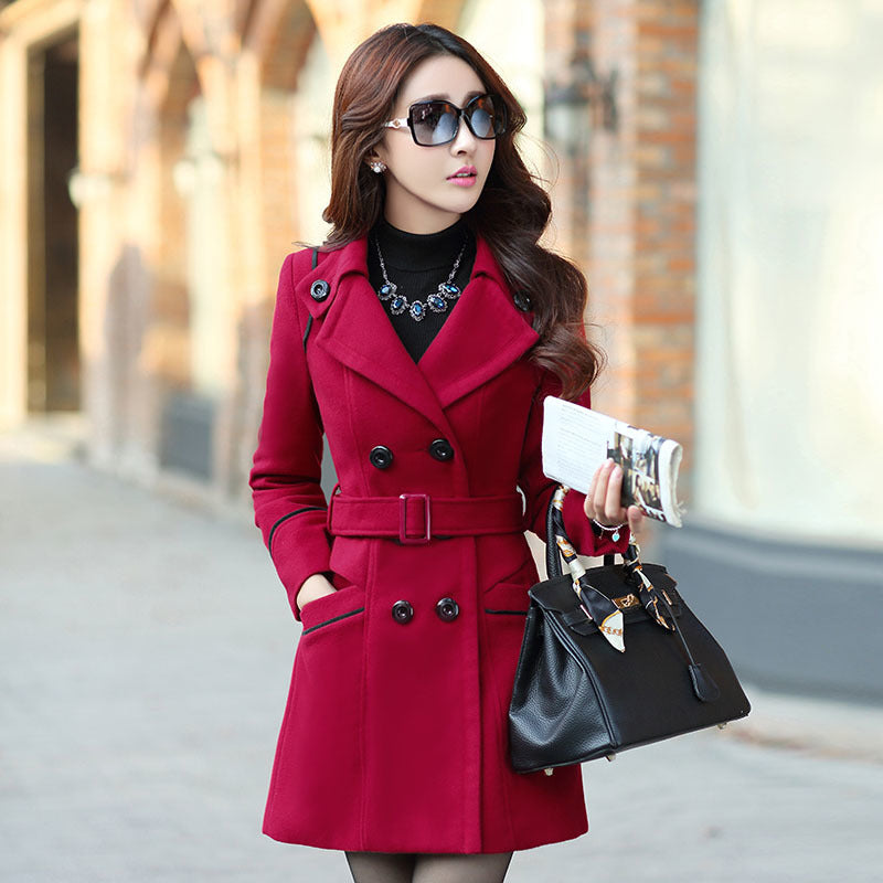 Women's Korean Style Long Sleeve Woolen Slim Coats