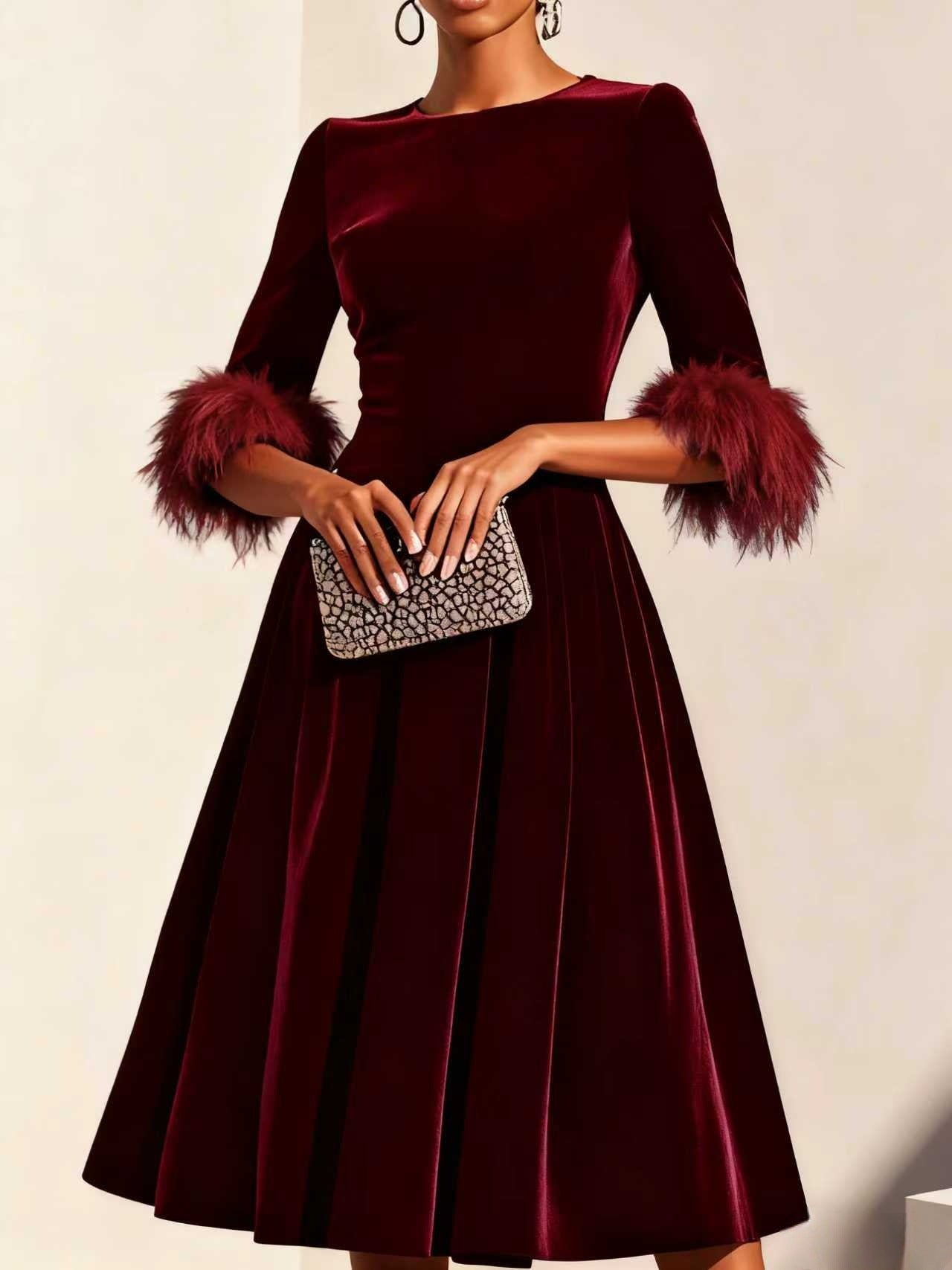 Women's Lady Temperament Elegant Round Neck Veet Dresses