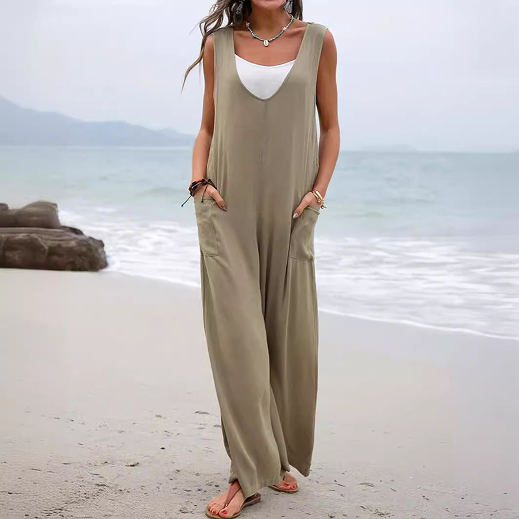 Women's Fashion Pure Color Stickers Bags Suspender Pants