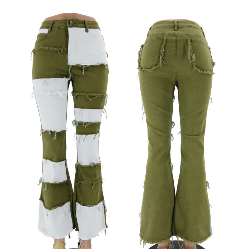 Women's Color Contrast Patchwork High Waist Tight Hip Horn Jeans