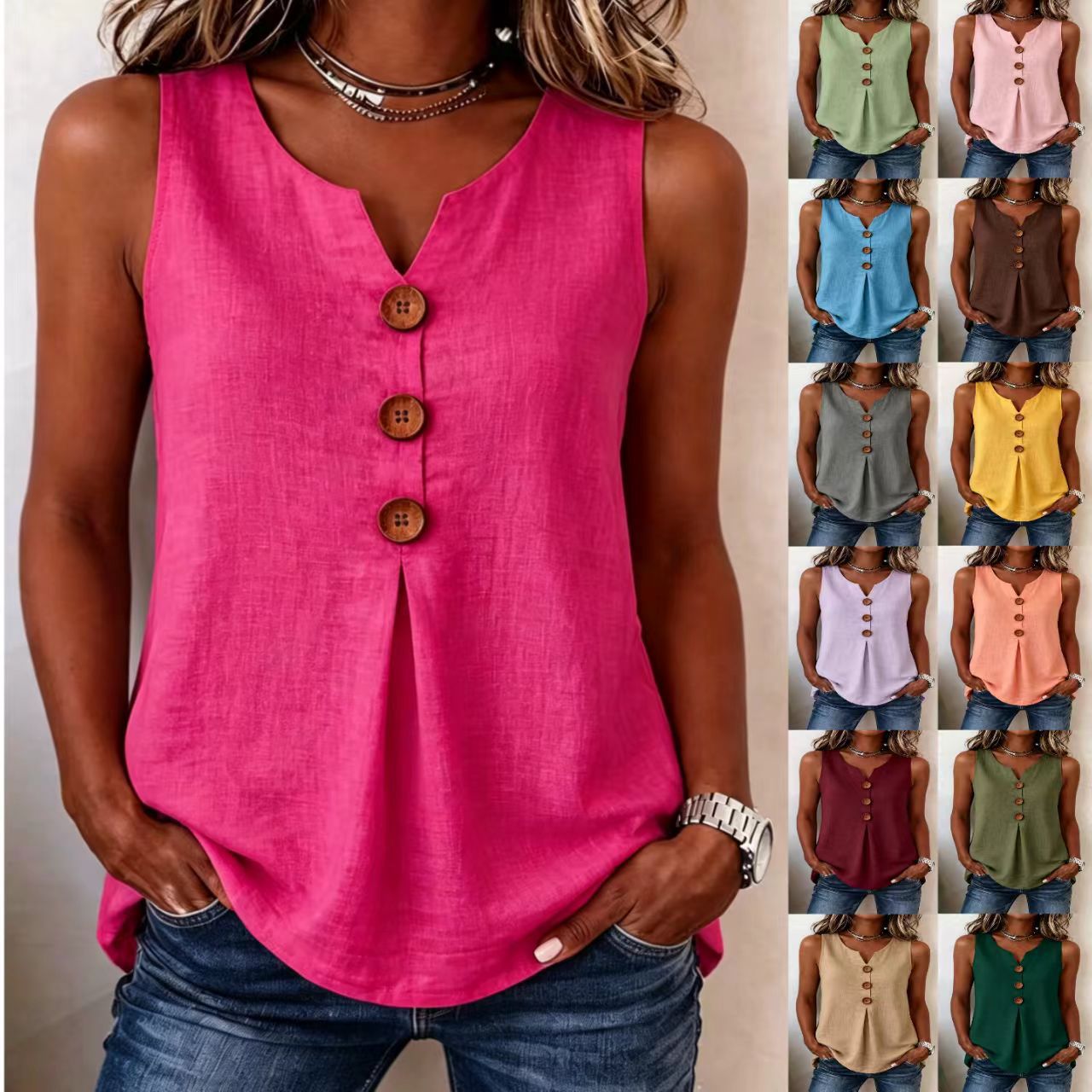 Classic Women's Cotton Linen Button Sleeveless Women's T-shirt
