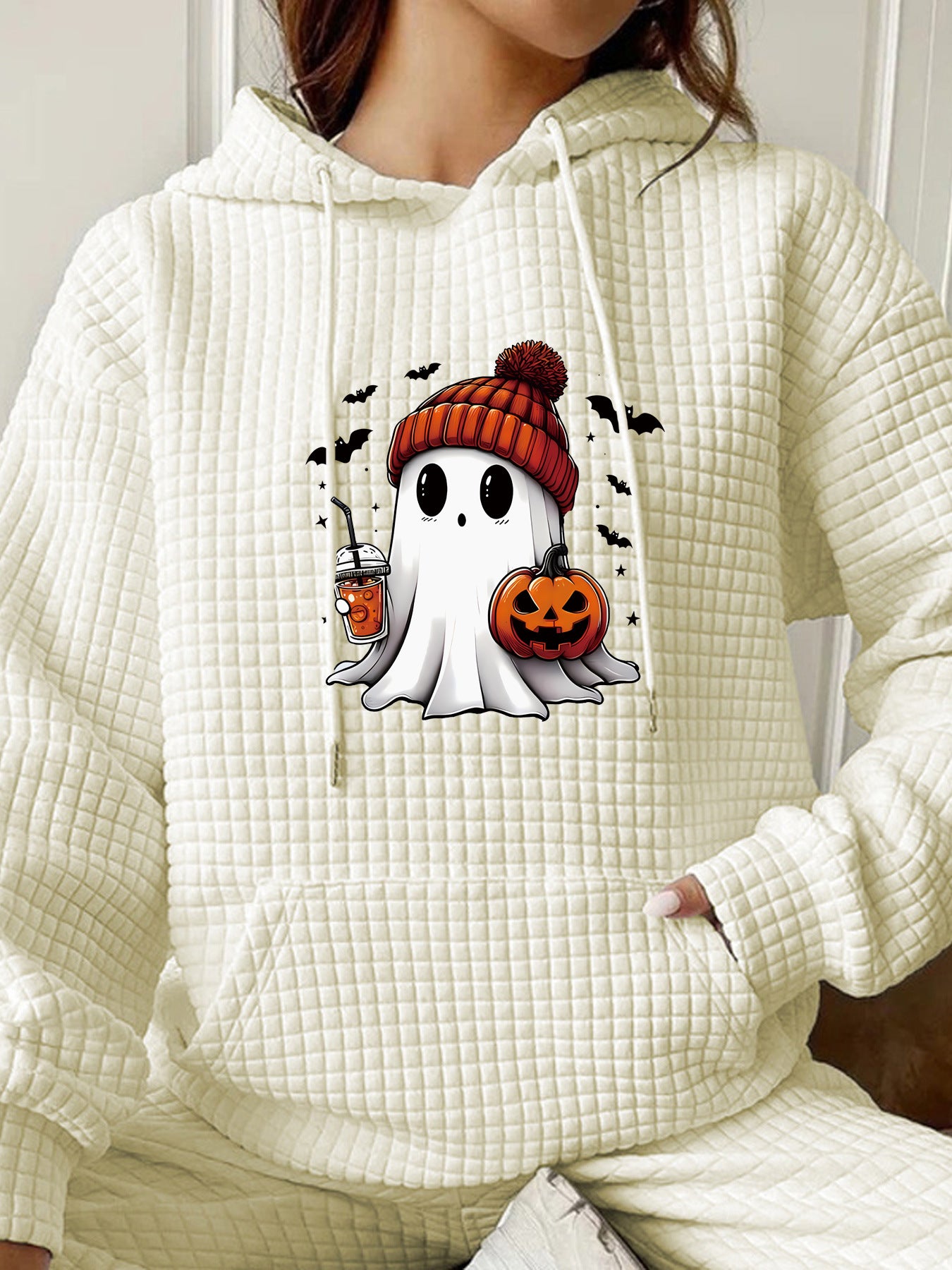 Women's Waffle Hooded Long-sleeved Halloween Printed Loose Sweaters