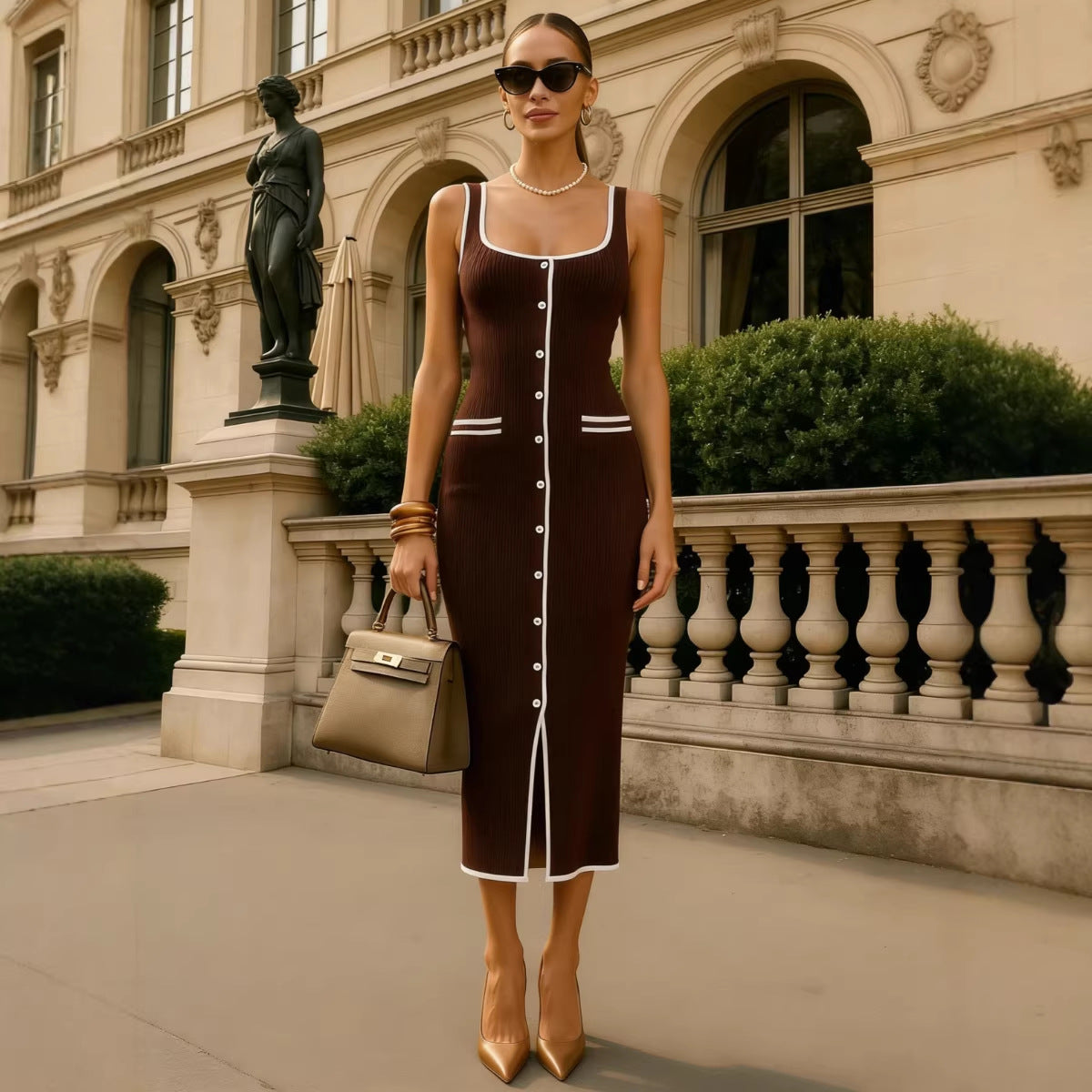 Women's Russian Contrast Color Single Row Slit Vests