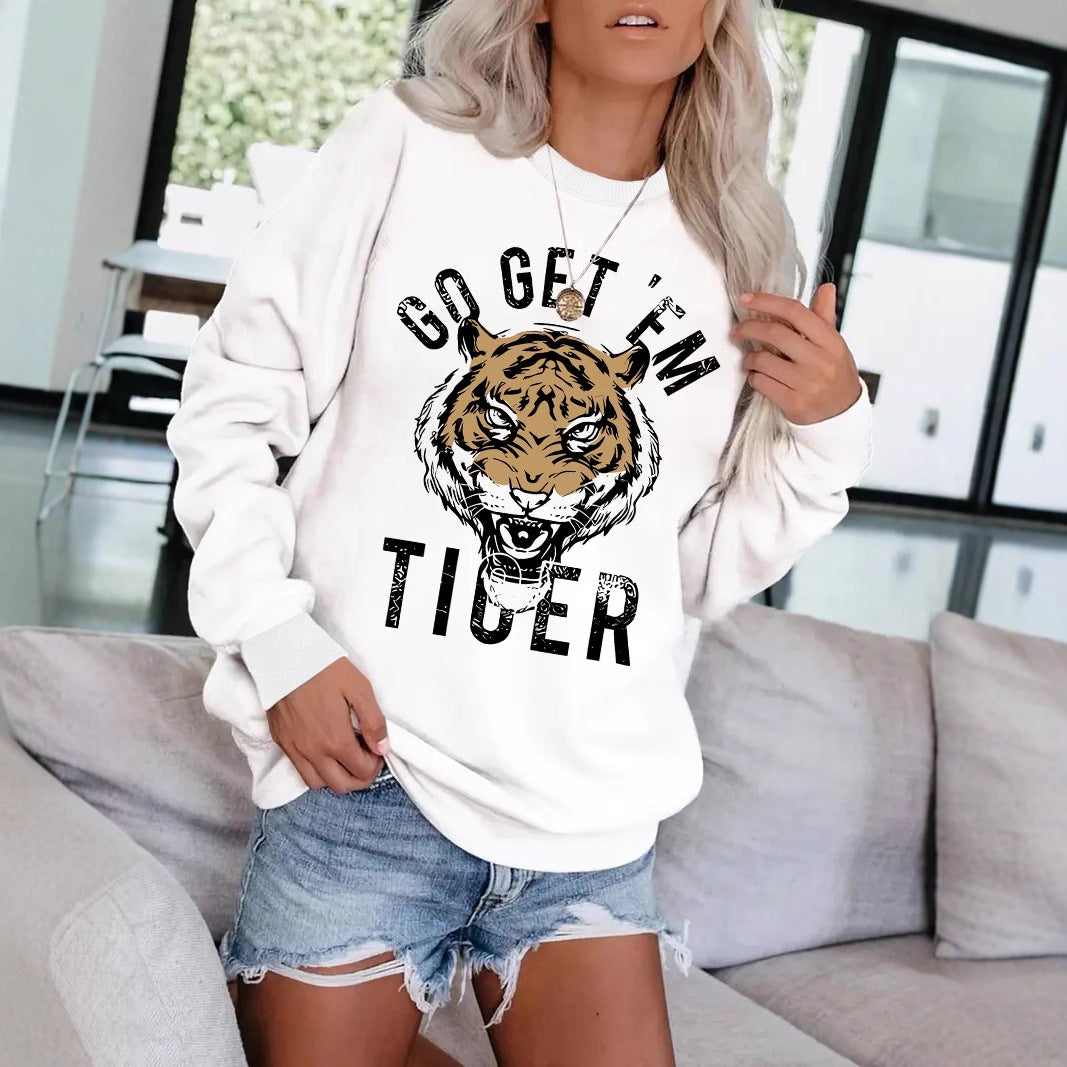 Women's Round Neck Tiger Head Portrait Printing Stylish Tops