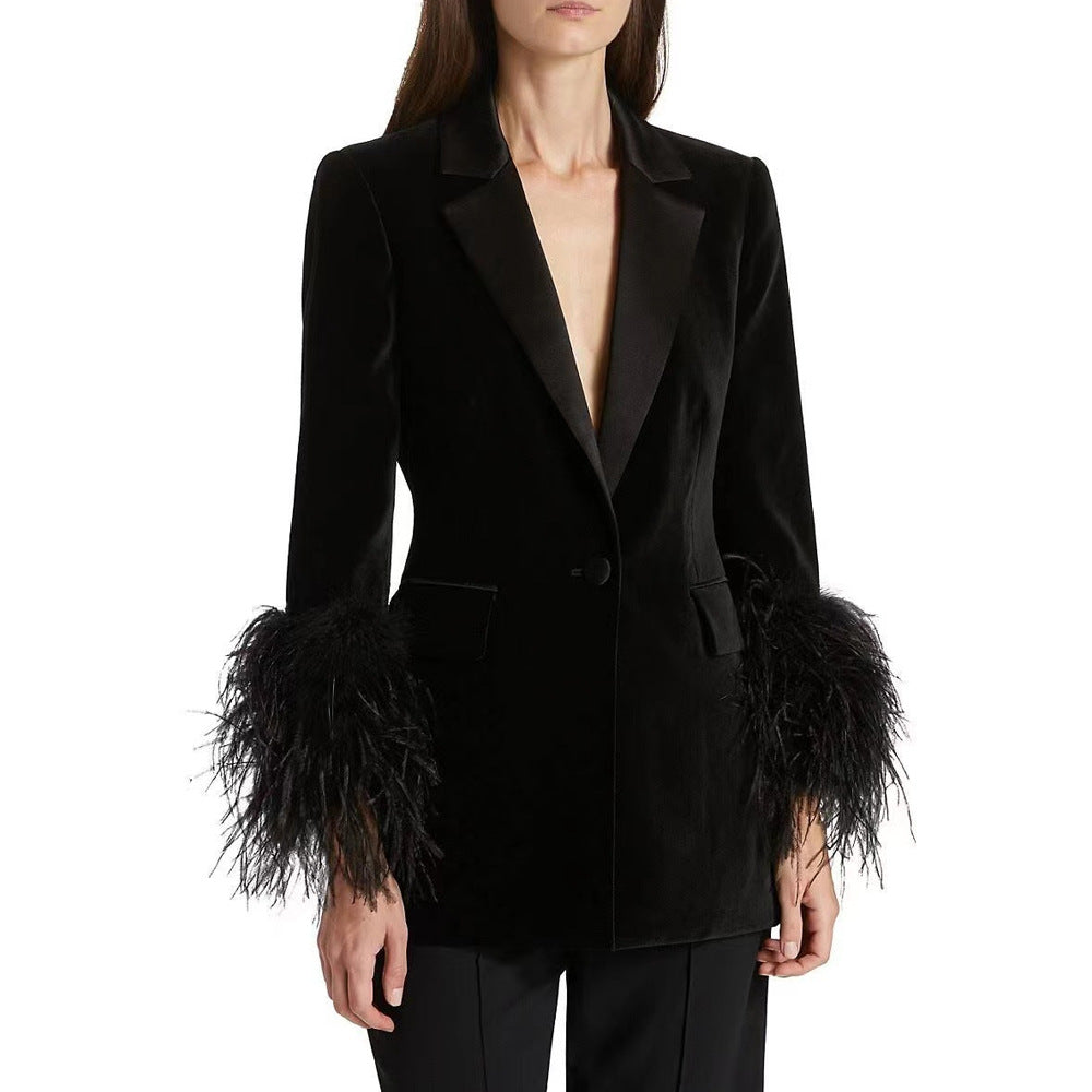 Women's Feather Decoration Black Ostrich Small Dress Blazers