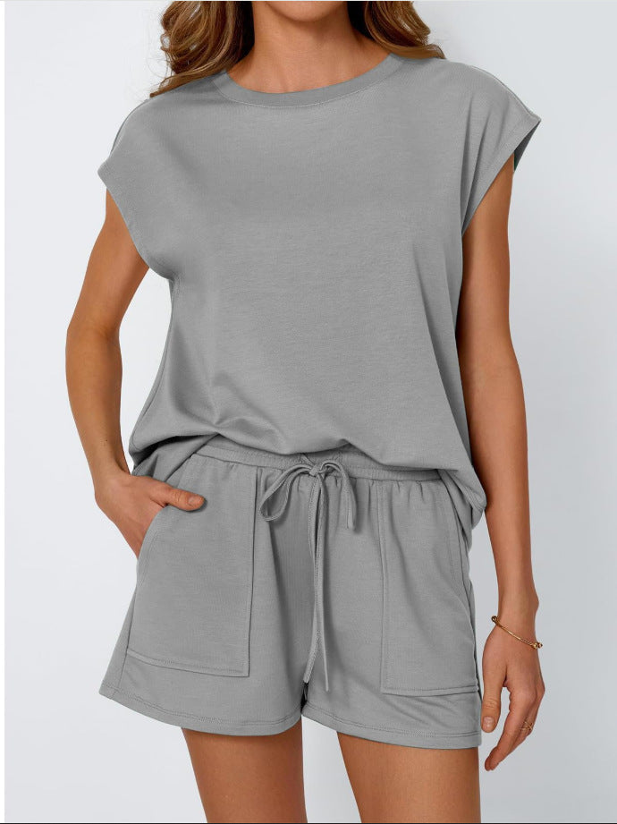Women's Round Neck Loose Sleeves Two-piece Shorts