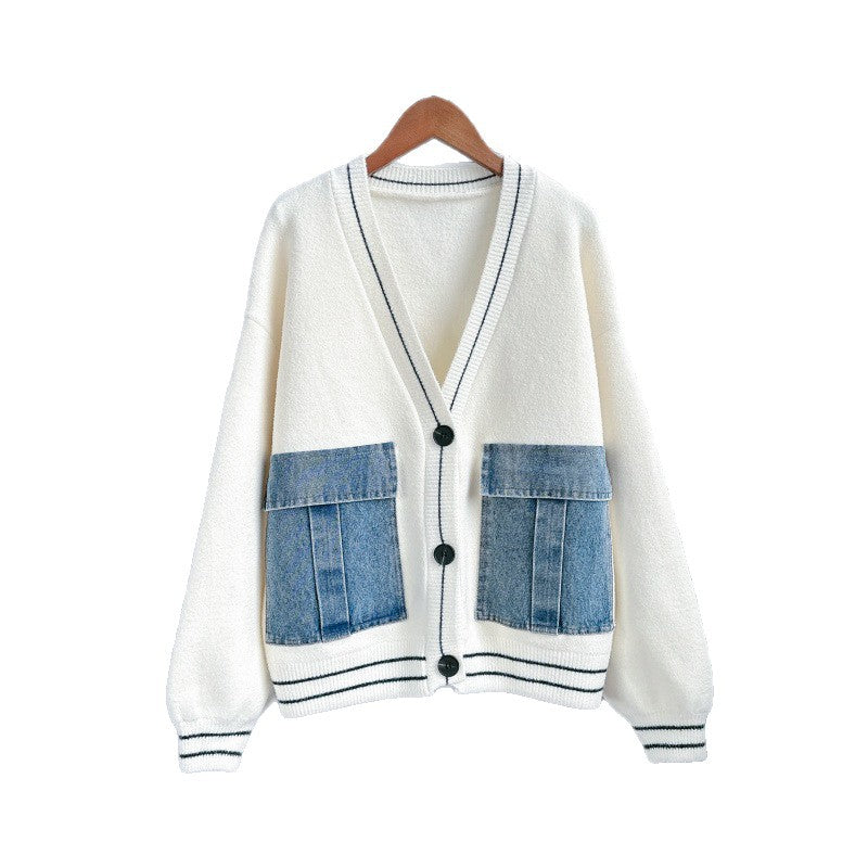 Women's Denim Patchwork Knitting Idle Style Loose Knitwear