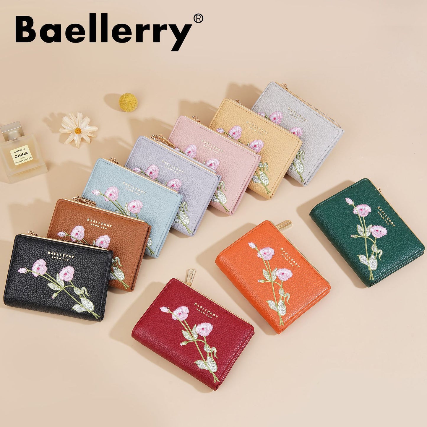 Women's Short Fashion Embroidery Litchi Pattern Flower Ladies Wallets
