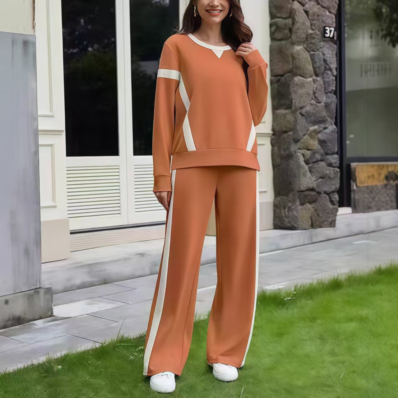 Women's Autumn Striped Color Matching Long Sleeve Fashion Casual Suit