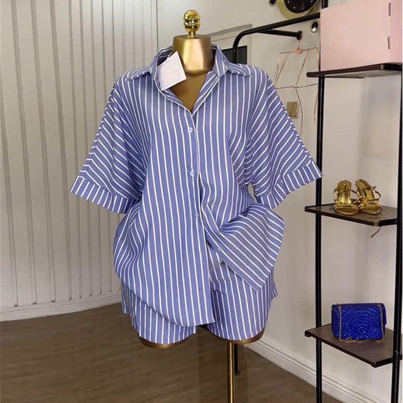 Women's White Striped Loose Shirt High Waist Suits