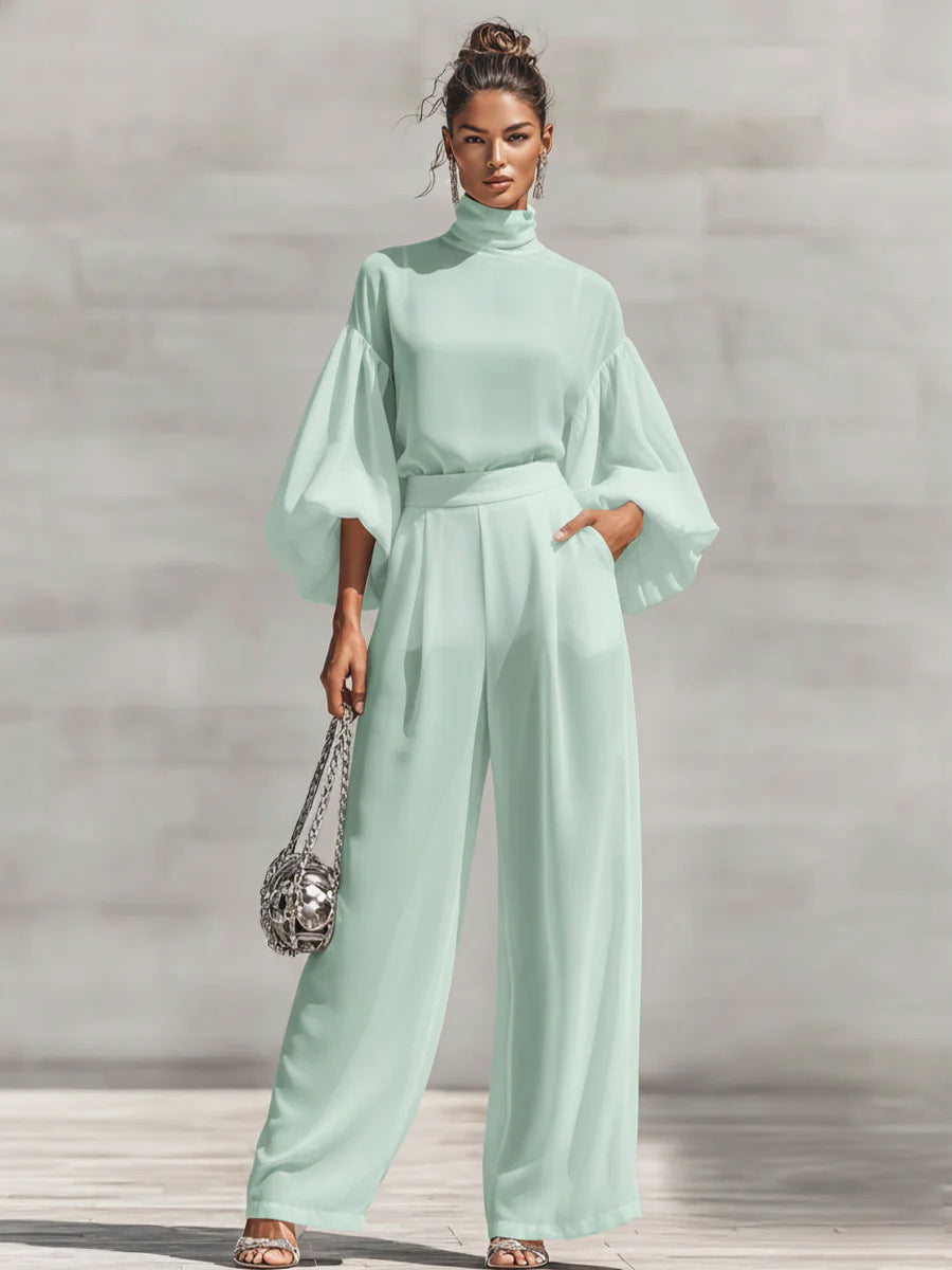 Color Stand Collar Bubble Long Sleeve High Waist Draping Wide Fashion Casual Suit